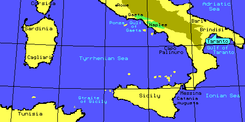 zona di influenza dell'ipotetica base U.S.A. di Taranto